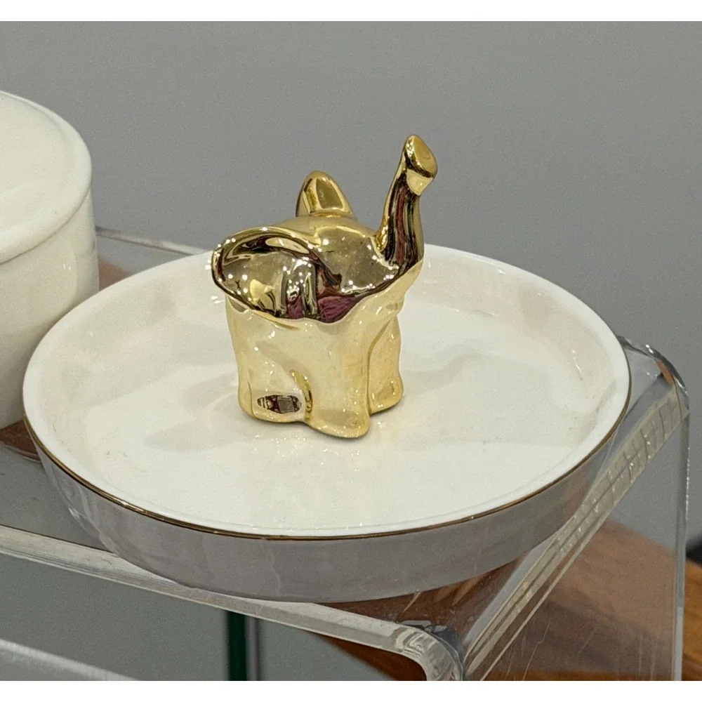 Elephant Jewelry Box and Trinket Dish Ring Holder White With Metallic Gold Set 2